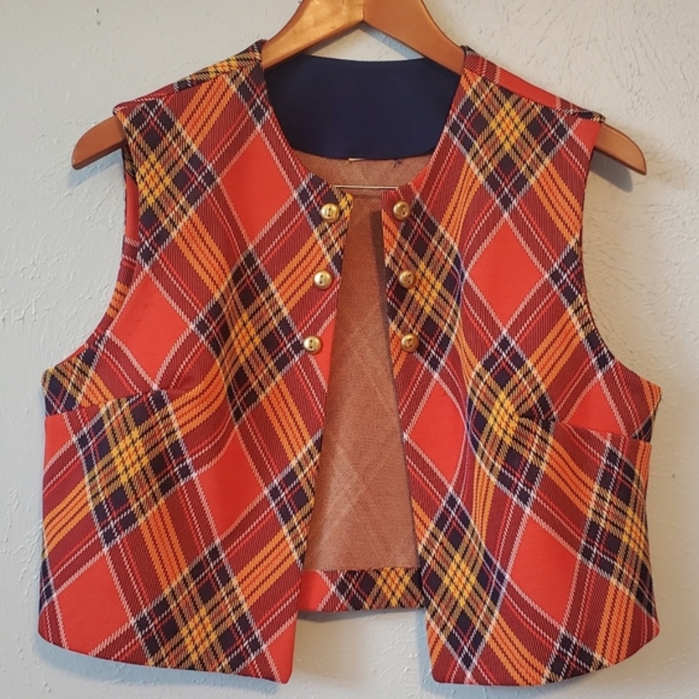 Vintage 60s 70s Plaid Orange Fall Colors Vest